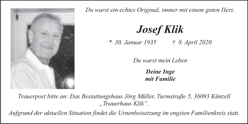  Traueranzeige für Josef Klik vom 11.04.2020 aus FZ