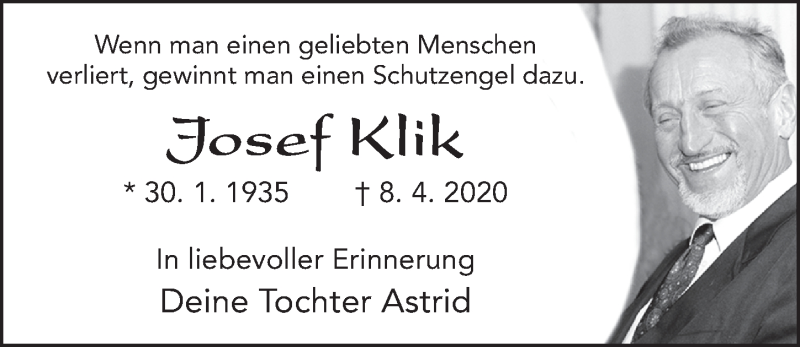  Traueranzeige für Josef Klik vom 18.04.2020 aus FZ