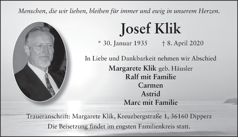  Traueranzeige für Josef Klik vom 18.04.2020 aus FZ