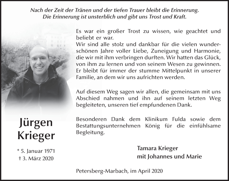  Traueranzeige für Jürgen Krieger vom 11.04.2020 aus FZ