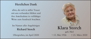 Traueranzeige von Klara Storch von FZ
