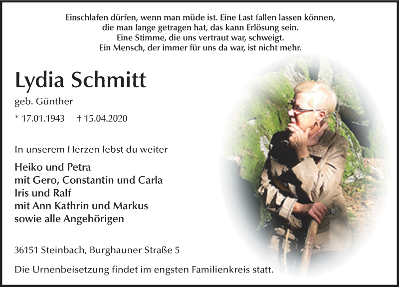  Traueranzeige für Lydia Schmitt vom 18.04.2020 aus FZ