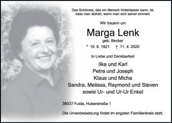 Traueranzeige von Marga Lenk von FZ