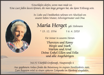 Traueranzeige von Maria Herget von FZ