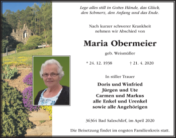 Traueranzeige von Maria Obermeier von FZ