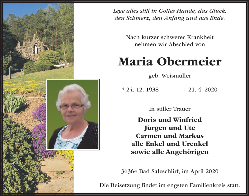 Traueranzeige für Maria Obermeier vom 25.04.2020 aus FZ