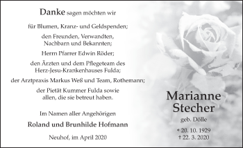 Traueranzeige von Marianne Stecher von FZ