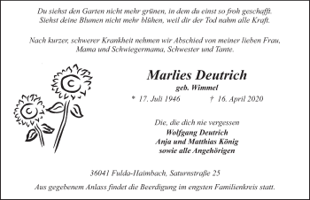 Traueranzeige von Marlies Deutrich von FZ