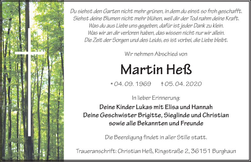  Traueranzeige für Martin Heß vom 09.04.2020 aus FZ