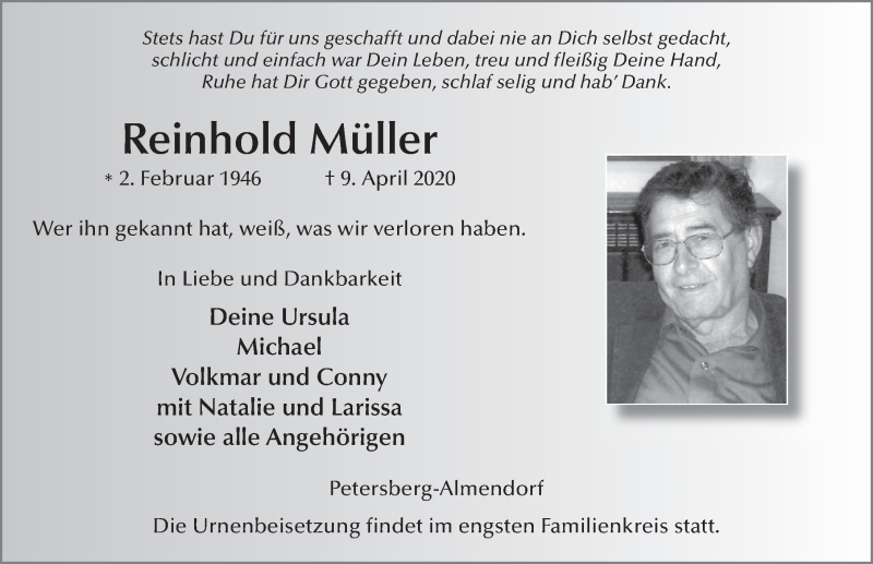  Traueranzeige für Reinhold Müller vom 18.04.2020 aus FZ