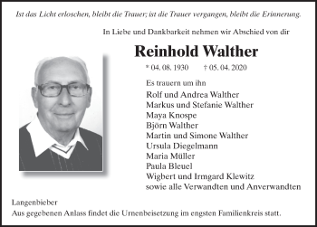 Traueranzeige von Reinhold Walther von FZ