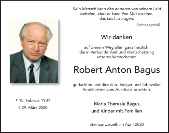 Traueranzeige von Robert Anton Bagus von FZ