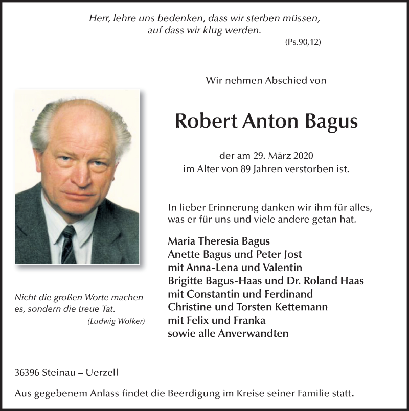  Traueranzeige für Robert Anton Bagus vom 01.04.2020 aus FZ