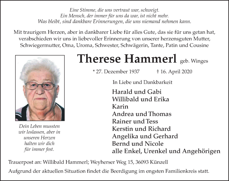  Traueranzeige für Therese Hammerl vom 18.04.2020 aus FZ