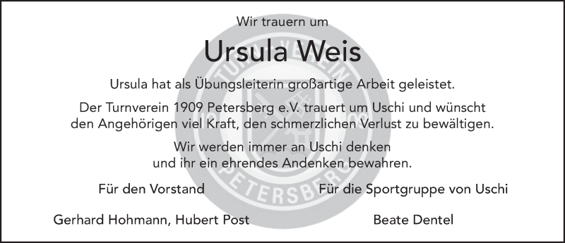  Traueranzeige für Ursula Weis vom 15.04.2020 aus FZ