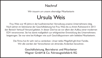 Traueranzeige von Ursula Weis von FZ