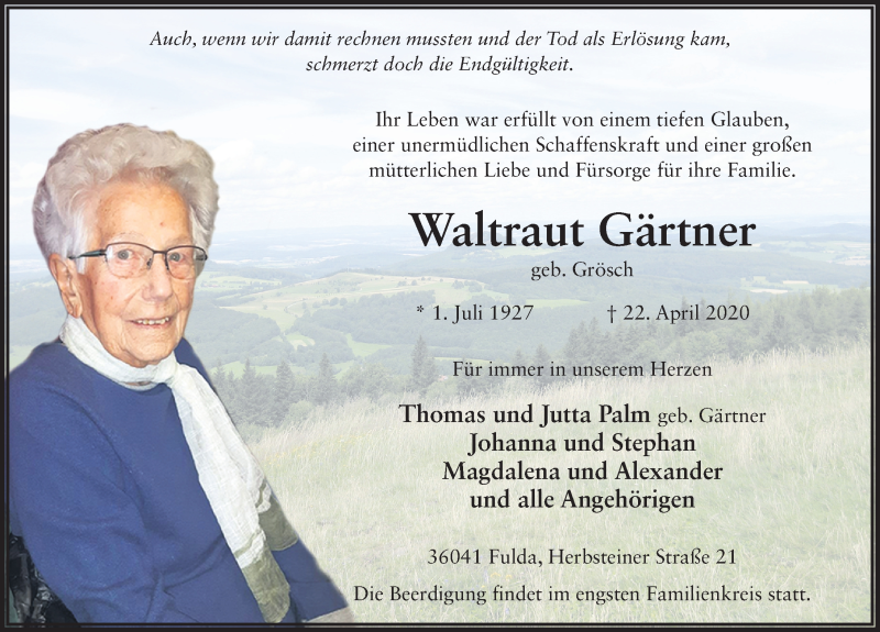  Traueranzeige für Waltraud Gärtner vom 25.04.2020 aus FZ