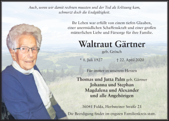 Traueranzeige von Waltraud Gärtner von FZ