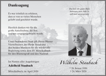 Traueranzeige von Wilhelm Staubach von FZ