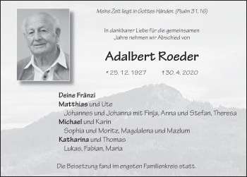 Traueranzeige von Adalbert Roeder von FZ