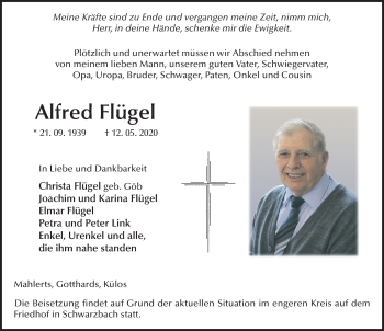Traueranzeige von Alfred Flügel von FZ