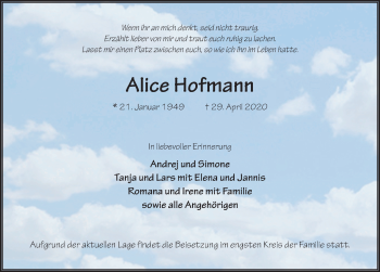 Traueranzeige von Alice Hofmann von FZ