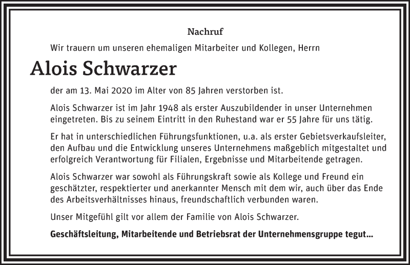  Traueranzeige für Alois Schwarzer vom 16.05.2020 aus FZ