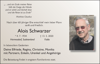 Traueranzeige von Alois Schwarzer von FZ