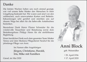 Traueranzeige von Anni Block von FZ
