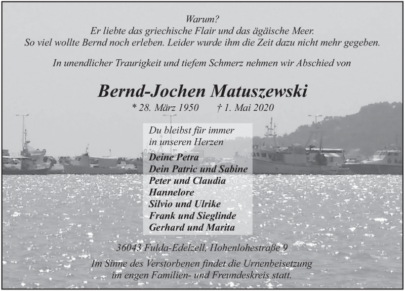  Traueranzeige für Bernd-Jochen Matuszewski vom 09.05.2020 aus FZ