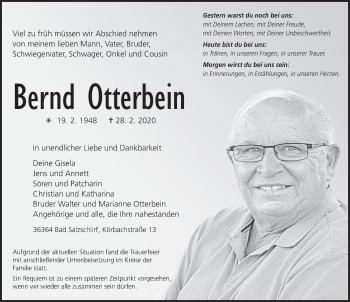 Traueranzeige von Bernd Otterbein von FZ