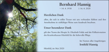 Traueranzeige von Bernhard Hannig von FZ