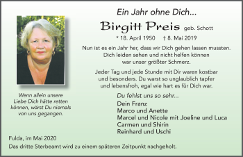 Traueranzeige von Birgitt Preis von FZ