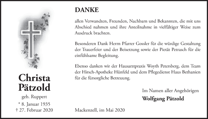  Traueranzeige für Christa Pätzold vom 15.05.2020 aus FZ
