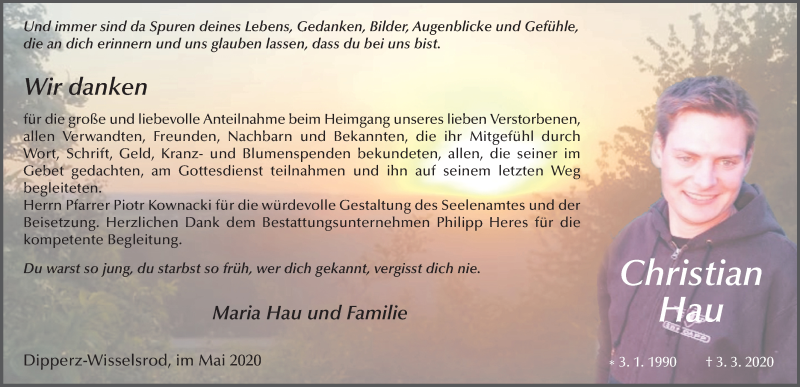  Traueranzeige für Christian Hau vom 30.05.2020 aus FZ