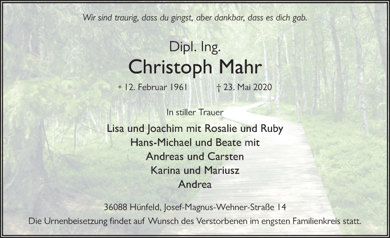  Traueranzeige für Christoph Mahr vom 30.05.2020 aus FZ