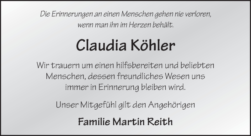  Traueranzeige für Claudia Köhler vom 22.05.2020 aus FZ
