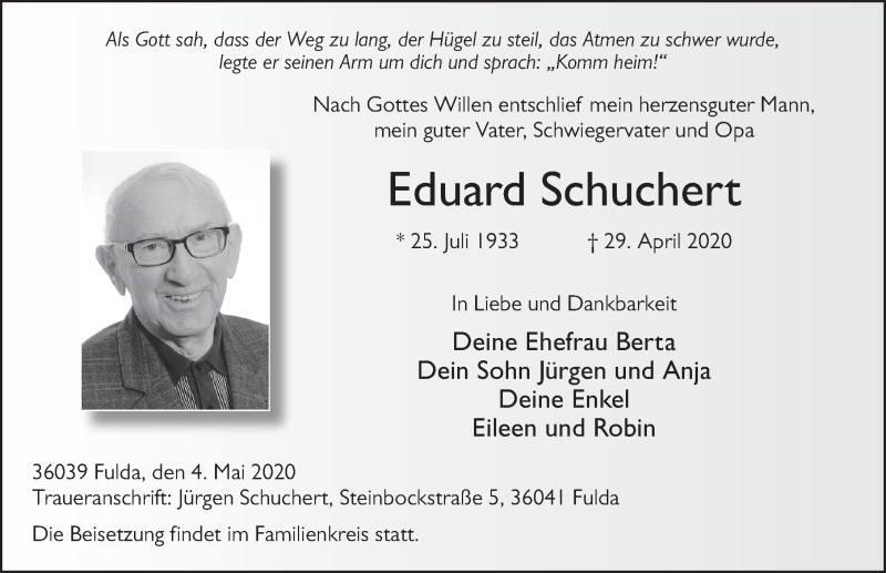  Traueranzeige für Eduard Schuchert vom 04.05.2020 aus FZ