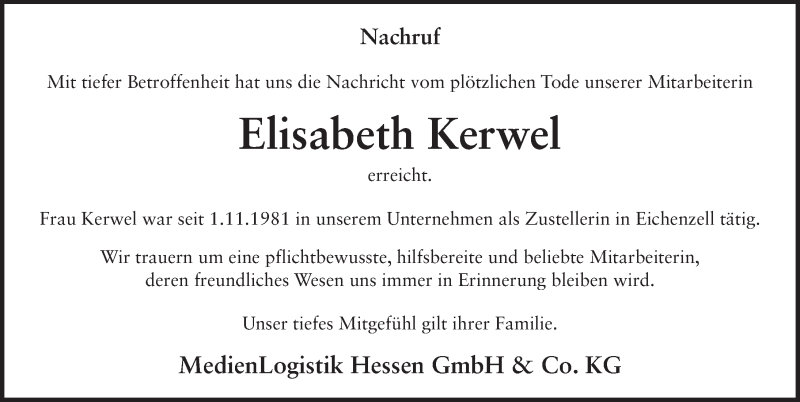  Traueranzeige für Elisabeth Kerwel vom 15.05.2020 aus FZ