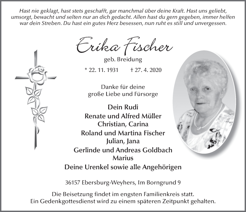  Traueranzeige für Erika Fischer vom 02.05.2020 aus FZ