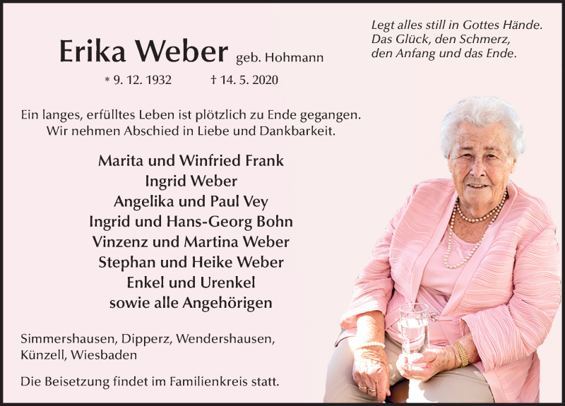  Traueranzeige für Erika Weber vom 16.05.2020 aus FZ