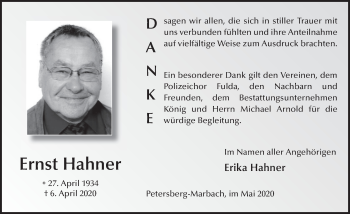 Traueranzeige von Ernst Hahner