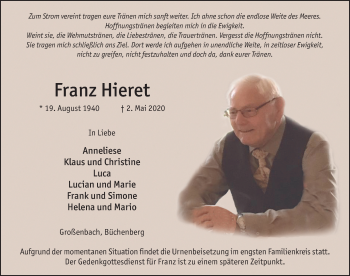 Traueranzeige von Franz Hieret von FZ