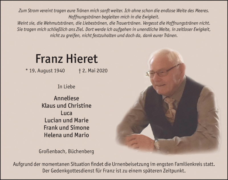  Traueranzeige für Franz Hieret vom 05.05.2020 aus FZ