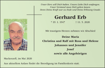 Traueranzeige von Gerhard Erb von FZ