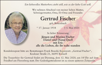 Traueranzeige von Gertrud Fischer von FZ