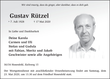 Traueranzeige von Gustav Rützel von FZ