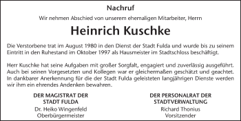 Traueranzeige von Heinrich Kuschke von FZ
