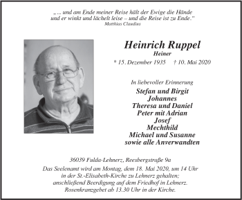 Traueranzeige von Heinrich Ruppel von FZ
