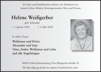 Traueranzeige von Helene Weißgerber von FZ